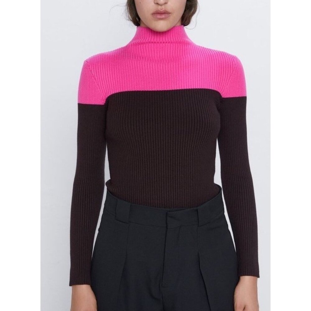 Zara color block turtleneck sweater Pink Black Ribbed Small - Picture 1 of 6